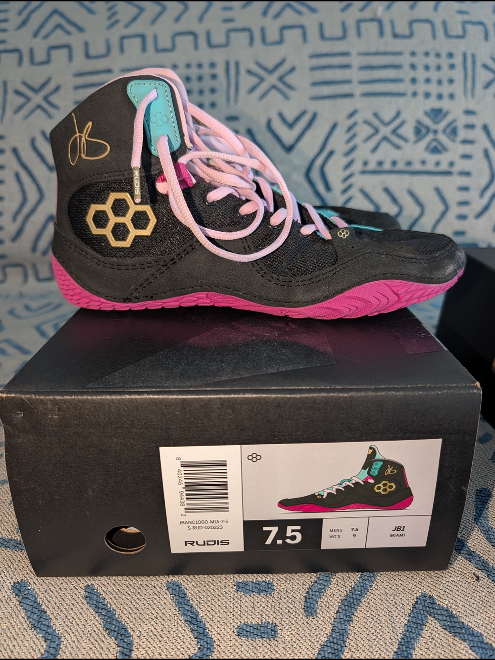 Rudis JB1 Black High-Top Wrestling Shoe with Pink & Teal Accents